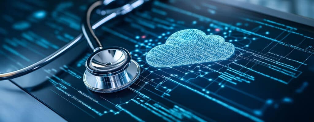 A stethoscope with a digital cloud forming around it, a heartbea